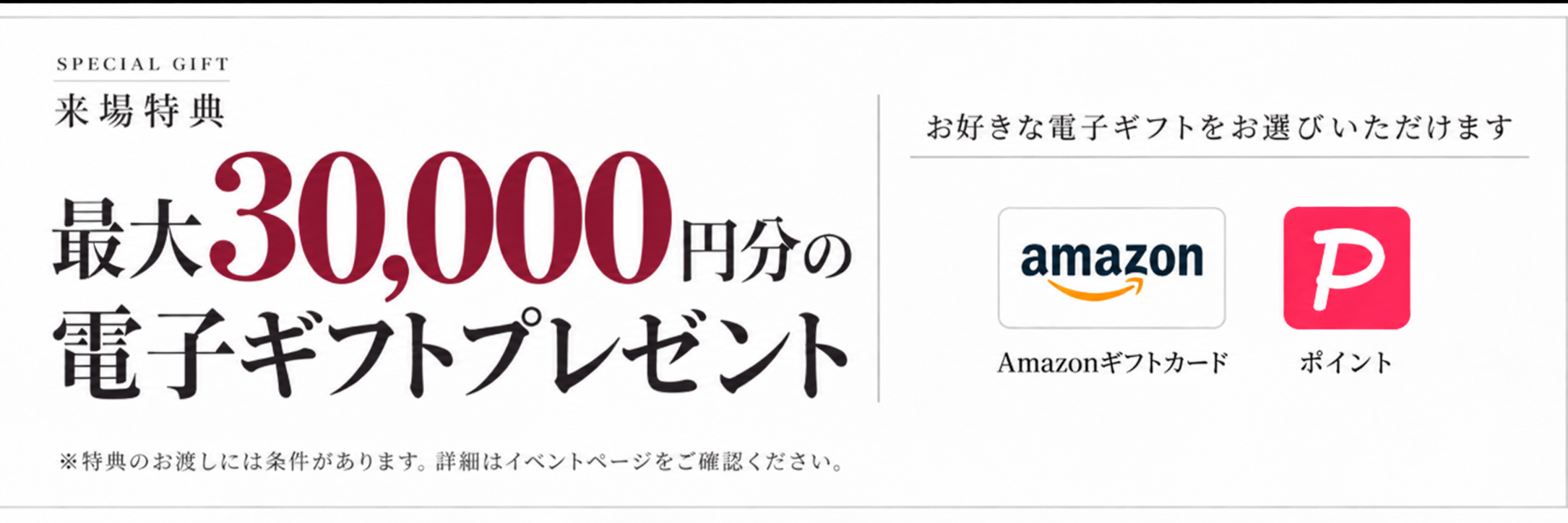来場特典 最大30,000円分の電子ギフトプレゼント。Amazonギフトカード・ポイントからお選びいただけます